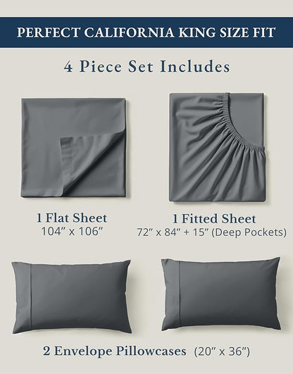 LANE LINEN 100% Organic Cotton California King Sheets Set, Fully Elasticized Reinforsed Seams in Fitted Pocket, Machine Washable All Season Cal King Sheet Deep Pocket Bedding-Charcoal