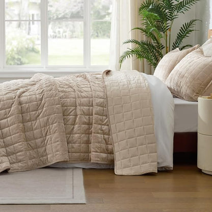 BEDELITE Velvet Quilt Set King Size - Luxury Velvet Comforter Bedding Set 3 Pieces, Lightweight Soft Cozy Taupe Oversized Bedspread Coverlet for All Seasons with 2 Pillow Shams
