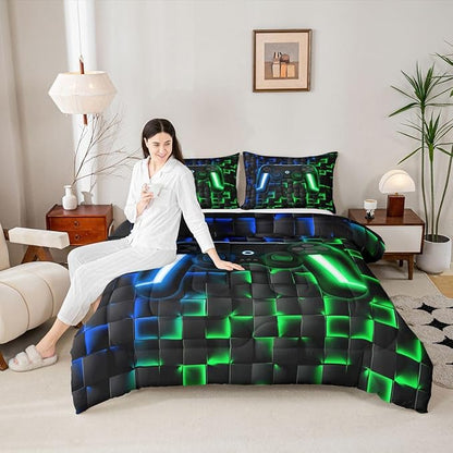 Erosebridal Gamer Boys Queen Bedding Sets Gaming Comforter Set for Kids Teen Men,3D Neon Lights Ombre Geometric Checkered Gamepad Bed Comforter Set Soft Lightweight Quilt Duvet,Green Indigo Blue