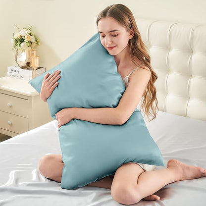 INFIIXSO Mulberry Silk Pillow Cases King Size Set of 2, Silk Pillowcase with Hidden Zipper 20"x36", Extraordinary Smooth and Soft Pillow Case for Hair and Skin(Haze Blue, 2 Pack)