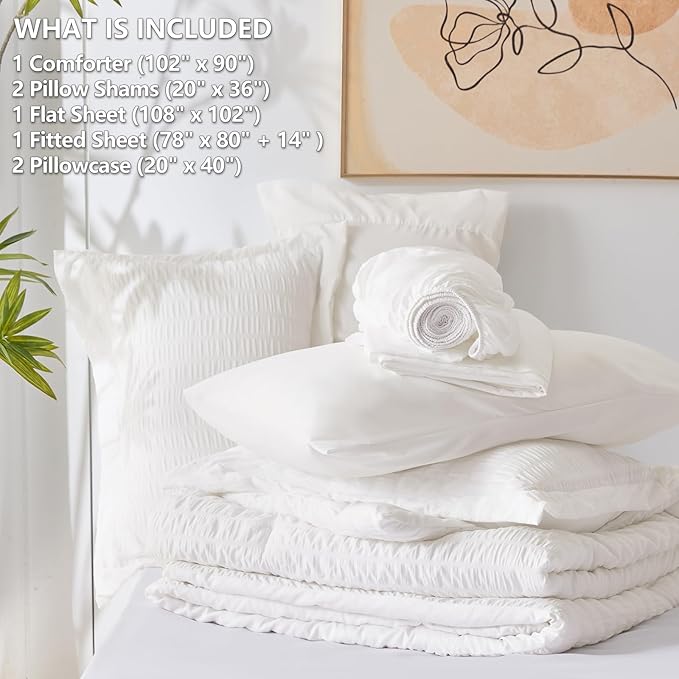 CozyLux King Size Comforter Set White Seersucker 7 Pieces Bed in a Bag King Comforter Set with Sheets, Luxury Soft Bedding Sets with Down Alternative Comforter, Sheets, Pillowcases & Shams All Seasons