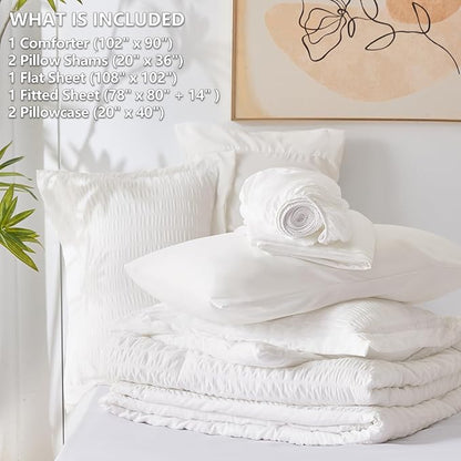 CozyLux King Size Comforter Set White Seersucker 7 Pieces Bed in a Bag King Comforter Set with Sheets, Luxury Soft Bedding Sets with Down Alternative Comforter, Sheets, Pillowcases & Shams All Seasons