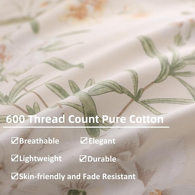 OAITE Duvet Cover Set Twin Size Floral Pattern 600 Thread Count Ultra Soft 100% Long Staple Cotton Duvet Cover Sets 3-PC, Breathable Duvet Cover with Zipper Closure & Corner Ties