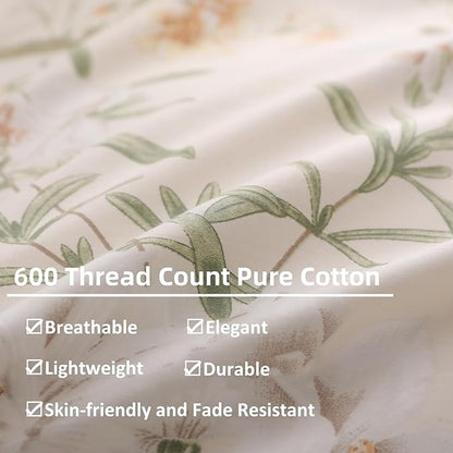 OAITE Duvet Cover Set Twin Size Floral Pattern 600 Thread Count Ultra Soft 100% Long Staple Cotton Duvet Cover Sets 3-PC, Breathable Duvet Cover with Zipper Closure & Corner Ties