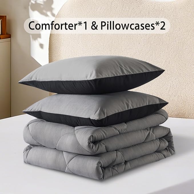 3-Piece Full Comforter Set,All-Season,Soft & Hypoallergenic &Breathable Bedding,Polyester Quilted,Down Alternative(Comforter*1 & Pillowcases*2),Black/Dark Gray