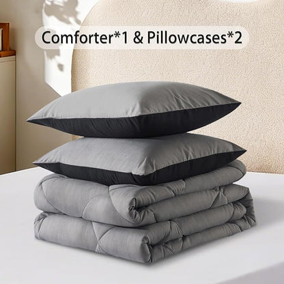 3-Piece Queen Comforter Set,All-Season,Soft & Hypoallergenic &Breathable Bedding,Polyester Quilted,Down Alternative(Comforter*1 & Pillowcases*2),Black/Dark Gray