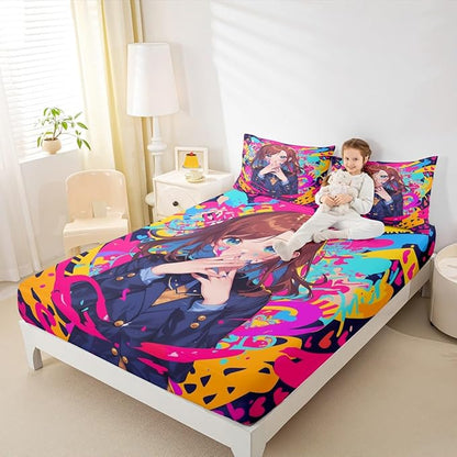Erosebridal Anime Girl Twin Bed Sheets, Japanese Anime Bedding Set 2 Piece for Kids Girls Teens Adult Bedroom Decor, Cartoon Girl Fitted Sheet Kawaii Japanese Animation Sheets