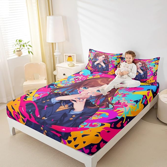 Erosebridal Anime Girl Queen Bed Sheets, Japanese Anime Bedding Set 3 Piece for Kids Girls Teens Adult Bedroom Decor, Cartoon Girl Fitted Sheet Kawaii Japanese Animation Sheets