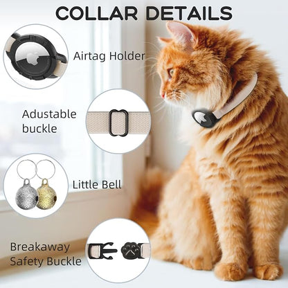 AirTag Cat Collars, Stretchy Collar with AirTag Holder and Bell | Breakaway - Ultra Design Elastic - GPS Tracking Collars - Adjustable Size for Cats & Puppies 7.5-12.5" - (Khaki)