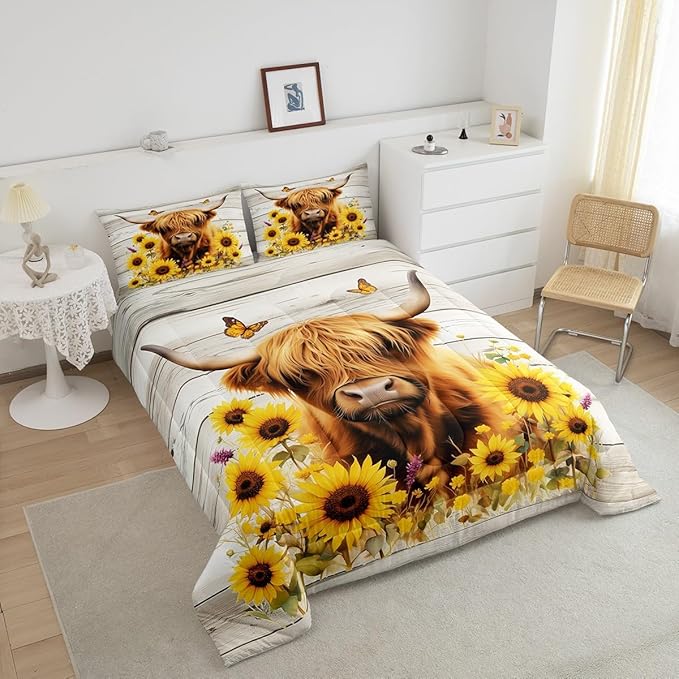 Feelyou Highland Cow Comforter Set Full Size Highland Cattle Comforter for Boys Girls Teens Animal Bedding Set Wildlife Duvet Set Room Decor Yellow Beige Quilt Set