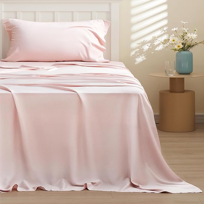 Bedsure Cooling Sheets Twin XL, Rayon Derived from Bamboo, PureWoven, Breathable & Soft Twin XL Sheet Sets, Deep Pocket Up to 16 Inches, Hotel Luxury Silky Dorm Bedding for Hot Sleepers, Pink