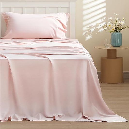 Bedsure Cooling Sheets Twin, Rayon Derived from Bamboo, PureWoven, Breathable & Soft Twin Sheets Set, Deep Pocket Up to 16 Inches, Hotel Luxury Silky Bedding for Hot Sleepers, Pink