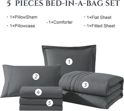 Monbix Twin XL Size Comforter Set - Extra Long 5 Pieces Dorm Bedding Sets, Quilting Design Fluffy Bed in a Bag Twin XL with Sheets, Pillowcase & Sham(Grey)