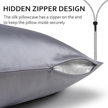Ravmix Silk Pillowcases 2 Pack for Hair and Skin with Hidden Zipper, Both Sides 21Momme Mulberry Silk Pillow Cases Set of 2, Queen Size 20×30inches, Lilac Grey