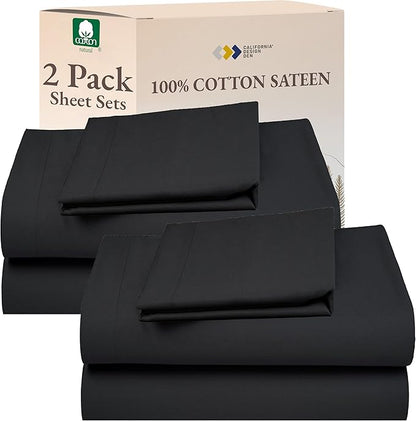 California Design Den 100% Cotton 2-Pack Twin XL Sheet Sets, Soft Extra Long Twin Bed Sheets, 12" Pocket Sheets, Twin XL Sheets Sateen, Dorm Essentials for Guys - Dark Grey (Black Tone)