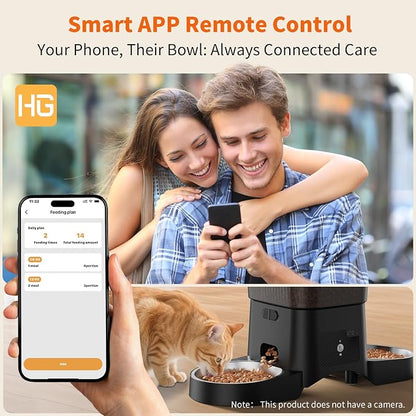 HoneyGuaridan Automatic Cat Feeder for 2 Cats,2.4G/5G WiFi APP Control | Dual Cat Food Dispenser for Multiple Cats,2 Stainless Steel Bowls & 2 Slow Feeder Anti-Choking Bowls, Dual Power