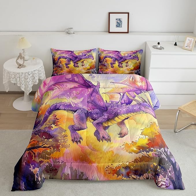 Purple Dragon Bedding Set Full Size,Cartoon Animal Comforter Set for Kids Boys Girls Room Decor,Watercolor Abstract Art Duvet Insert 3Pcs,Jungle Flying Dragon Wildlife Quilt Set,2 Pillowcases