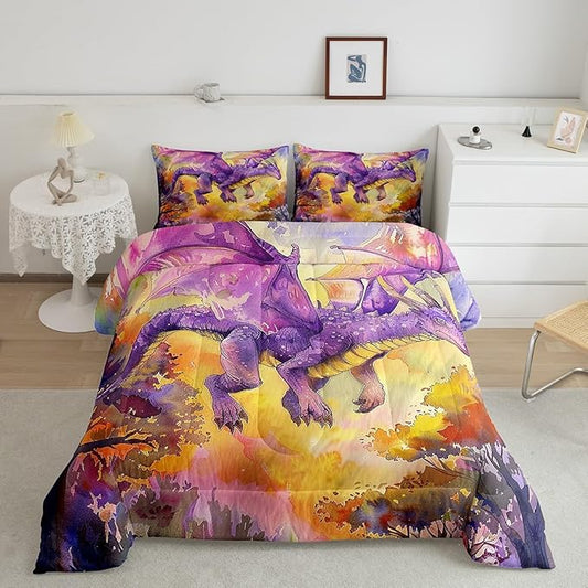 Purple Dragon Comforter Set King Size,Cartoon Animal Bedding Set for Kids Boys Girls Room Decor,Watercolor Abstract Art Duvet Insert 3Pcs,Jungle Flying Dragon Wildlife Quilt Set,2 Pillowcases