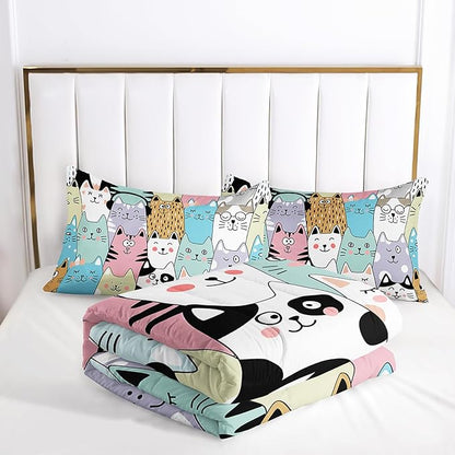 Twin Cat Comforter Set for Girls - Kawaii Cute Bedding Set with Cat Room Decor