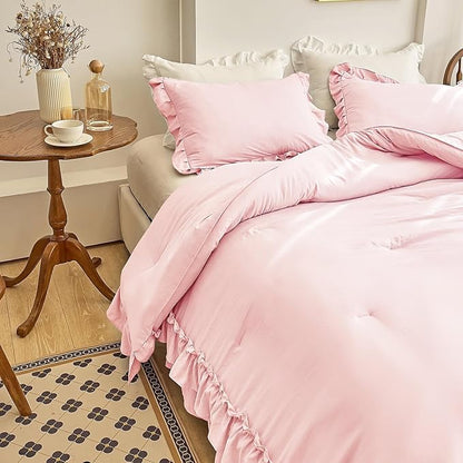 AIKASY Peach Pink Ruffle Comforter King, 3 Pieces Vintage Ruffle Fringe Comforter, Farmhouse Rustic Microfiber Down Alternative Bedding Comforter Set (1 Comforter + 2 Pillow Shams)