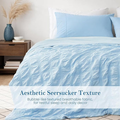 Cozy Bliss Cooling Comforter Seersucker Plaid Queen Size, Q-Max 0.45 Lightweight Cooling Blanket, Breathable Silk Smooth Summer Bedding Quilt for Hot Sleepers Night Sweats Blue
