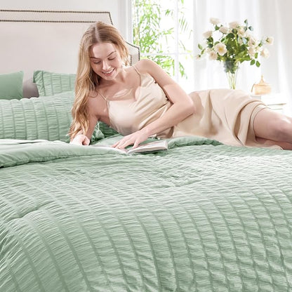 CozyLux Queen Comforter Set Sage Green Seersucker 7 Pieces Bed in a Bag Queen Comforter Set with Sheets, Luxury Soft Bedding Set with Down Alternative Comforter, Sheets, Pillowcases & Shams All Season