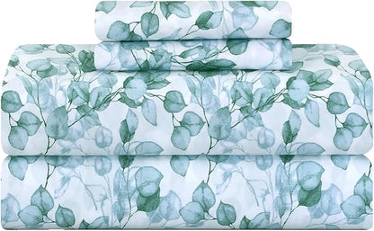 Feather & Stitch 500 TC Split King Size Sheet Set, 5 Piece Bed Sheets Set-2 Twin Fitted Sheet, 1 King Flat Sheet & 2 King Pillowcases, 18" Deep Pockets Sateen Weave Striped Bedsheet - Green Leaf
