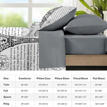 Nesker Comforter Set Full Size, Retro Eiffel Tower Paris 7 Pcs Bedding for Kids and Adults, Vintage French Cafe Bed Sheet Sets with Fitted Sheet 2 Pillowcases & 2 Shams