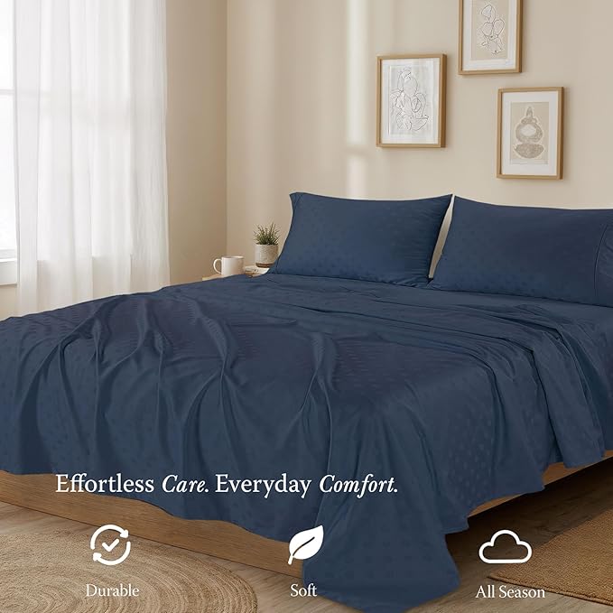 Threadmill Cotton Twin XL Sheet Set | 100% Cotton Sheets for Twin XL Size Bed | Damask Jacquard Sateen Twin XL Bed Sheets Set | 16” Deep Pocket | Soft Breathable 3pc Cooling Sheet Set | Folkstone Blue