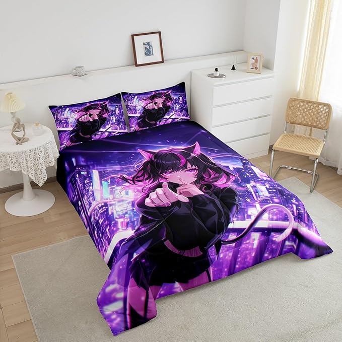 Erosebridal Kids Anime Girl Toddler Size Bedding Set, Japanese Anime Comforter Set, Cartoon Girl Duvet Insert for Boys Teens Bedroom Decor, Kawaii Japanese Animation Quilt with 1 Pillow Case