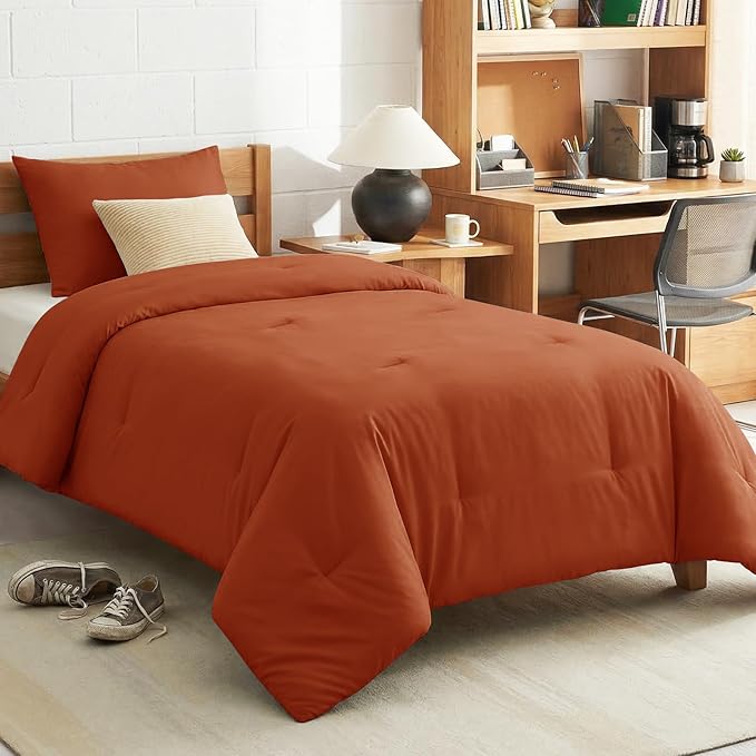 CozyLux Terracotta Comforter Set Twin/Twin XL Size, 2 Pieces Burnt Orange Twin Extra Long Solid Breathable Bedding Sets, Luxury Soft Bed Set with Down Alternative Comforter and 1 Pillowcase All Season