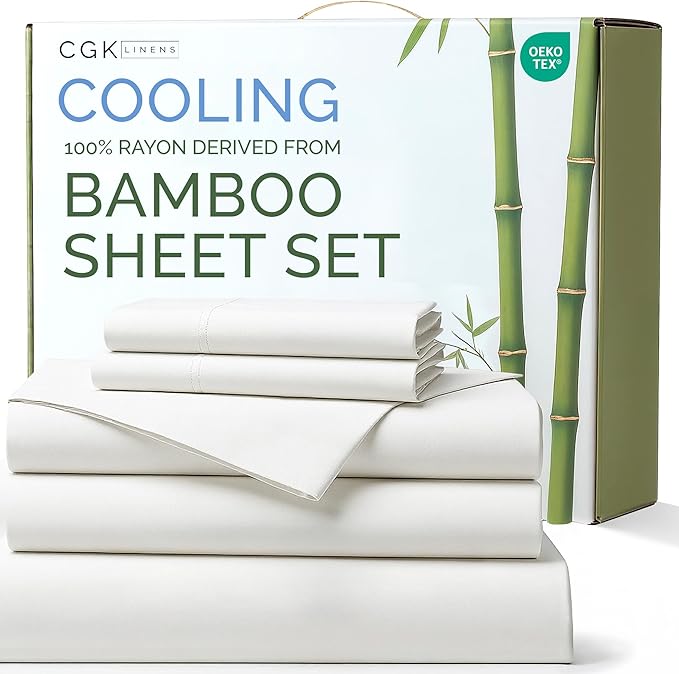 100% Rayon Derived From Bamboo - Sheets Split King Size - Cooling Sheets for Split King - Ultra Soft Hotel Luxury Bedding - 1 Flat & 2 Fitted & 2 Pillowcases with 16 Inch Deep Pockets - White
