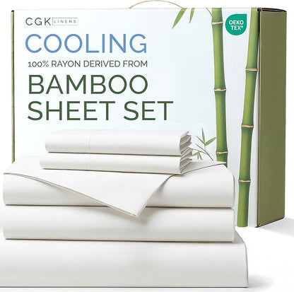 100% Rayon Derived From Bamboo - Sheets Split King Size - Cooling Sheets for Split King - Ultra Soft Hotel Luxury Bedding - 1 Flat & 2 Fitted & 2 Pillowcases with 16 Inch Deep Pockets - White
