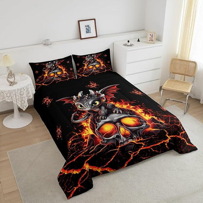 Cartoon Dragon Bedding Set Twin Size Black Skull Flame Crack Comforter for Child Toddler Teens Lovely Halloween Dragon Down Comforter Neon Red Butterfly Duvet Insert with 1 Pillowcase