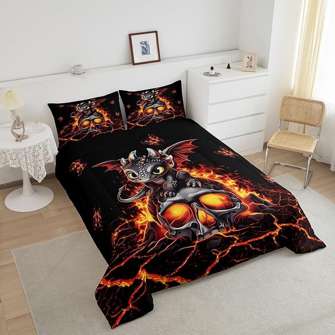 Castle Fairy Cartoon Dragon Bedding Set Queen Size Black Skull Flame Crack Comforter for Child Toddler Teens Lovely Halloween Dragon Down Comforter Neon Red Butterfly Duvet Insert with 2 Pillowcases