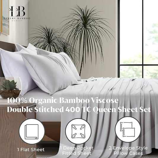Luxury Bamboo Market | Queen Size Bed Sheet Set | 100% Viscose Made from Bamboo | Organically Grown | Ultra Soft | Cooling Sheets for Hot Sleepers | 17" Deep Pocket [Dove Grey]