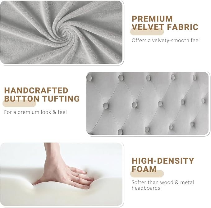 Queen Headboard Only, Velvet Classic Tufted Design, Silver Gray | 2 installation options: 1.bed frame mount 2.wall mount (for adjustable bed), Classic hand-tufted headboard king size