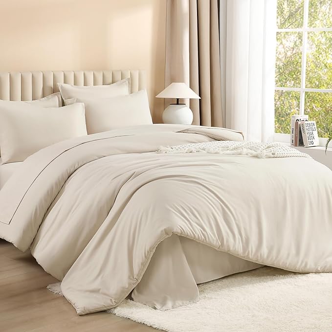 Litanika Bed in a Bag King Beige - 7 Pieces King Size Comforter Set Bedding Comforter Sets, Solid Fluffy Bed Set with Comforter, Sheets, Pillowcases & Shams