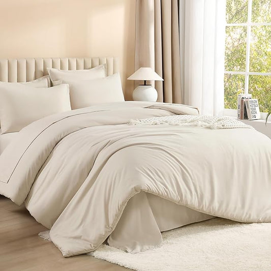 Litanika Bed in a Bag King Beige - 7 Pieces King Size Comforter Set Bedding Comforter Sets, Solid Fluffy Bed Set with Comforter, Sheets, Pillowcases & Shams