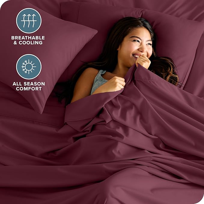 Bare Home Twin XL Sheet Set - 1800 Ultra-Soft Microfiber Twin Extra Long Bed Sheets - Double Brushed - Deep Pockets - Easy Fit - 3 Piece Set - Bedding Sheets & Pillowcases (Twin XL, Burgundy)