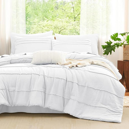 CozyLux King Size Comforter Set White, 7 Pieces Soft Pinch Pleat Bed in a Bag King Comforter Set with Sheets, Boho Bed Set with Down Alternative Comforter, Sheets, Pillowcases & Shams