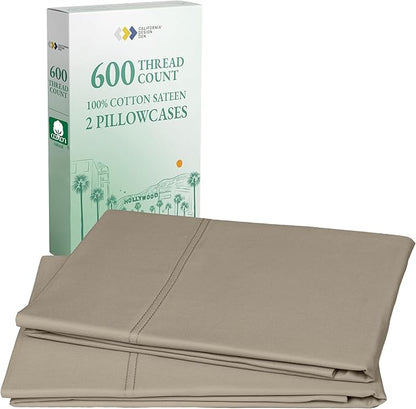 CALIFORNIA DESIGN DEN Luxuriously Soft Hotel Quality 600 Thread Count, 100% Cotton Set of 2 Cases, Crisp & Cool Pillow Cases Queen Size, Fits Standard & Queen Pillows (Taupe)