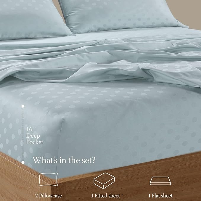 Threadmill 100% Cotton Sheets for King Size Bed | 4 Pc King Bed Sheets Set | Soft, Breathable Lightweight Damask Sateen for All-Season Use | Snug Fit Elastic Deep Pocket King Sheets | Light Blue