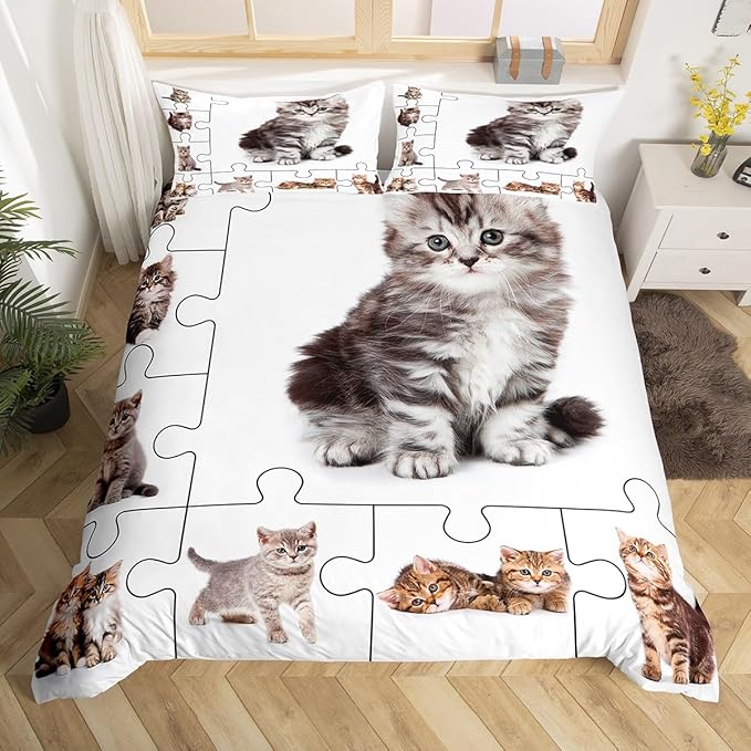 3D Cats Print Bedding Set Cute Pet Theme Duvet Cover Set Lovely Kittens Kids Comforter Cover Set Cartoon Animal Bedspread Cover Bedroom Quilt Cover 3Pcs Queen with 2 Pillowcase,No Comforter