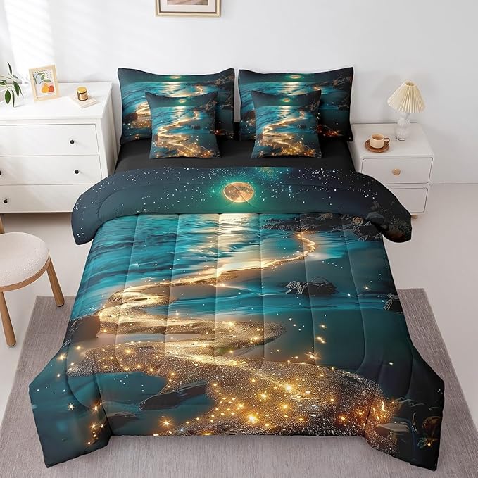 Feelyou Moonlight Beach Comforter Set 7 Pieces Queen Size Seaside Moon Bedding Set for Boys Girls Ocean Bed in a Bag with Comforter, Sheets, Pillowcases & Cushion Covers