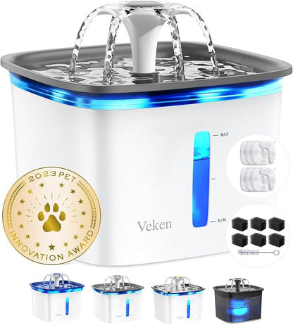 Veken Innovation Award Winner 95oz/2.8L Cat Water Fountain | Automatic Pet Fountain Dog Water Dispenser with 6 Replacement Filters & Silicone Mat for Cats, Dogs, Multiple Pets (Grey)