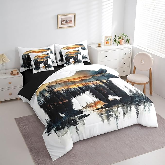 Feelyou Bear Comforter Set 7 Pieces King Size Rustic Cabin Country Bedding Set for Boys Girls Nature Wildlife Bed in a Bag with Comforter, Sheets, Pillowcases & Cushion Covers