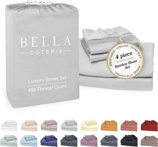 Bella Coterie Luxury Bamboo Viscose Full Size Sheet Set | 100% Organically Grown | Ultra Soft | Cooling for Hot Sleepers | 18" Deep Pocket [Grey Mist]