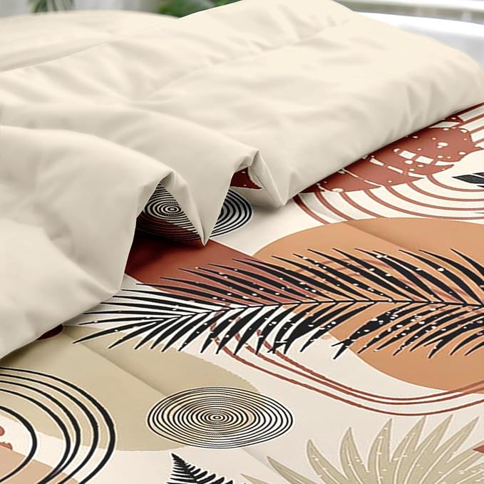 Comforter Set Queen Size, Boho Tropical Leaves Beige 7 Pcs Bedding for Kids and Adults, Bohemian Retro Flower Bed Sheet Sets with Fitted Sheet 2 Pillowcase & 2 Sham for Bedroom Bed Decor
