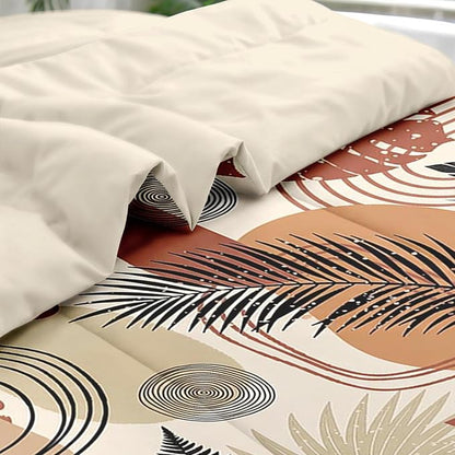 Comforter Set Queen Size, Boho Tropical Leaves Beige 7 Pcs Bedding for Kids and Adults, Bohemian Retro Flower Bed Sheet Sets with Fitted Sheet 2 Pillowcase & 2 Sham for Bedroom Bed Decor
